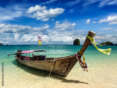 Long tail boat on beach, Thailand