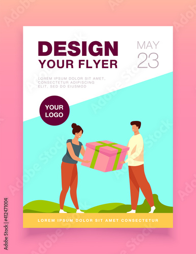 Couple holding gift. Man and woman competing for present, pulling box flat vector illustration. Conflict, competition, relationship concept for banner, website design or landing web page