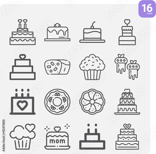 Simple set of birthday cake related lineal icons.