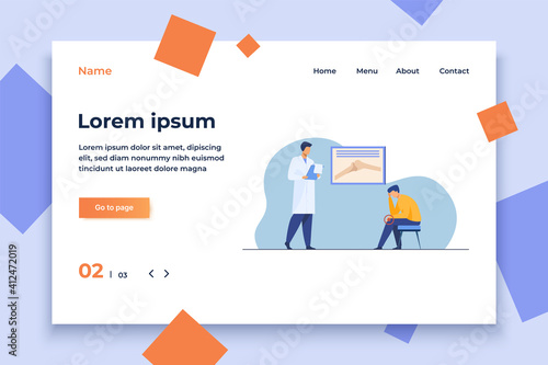 Male patient consulting doctor about joint pain. Young man, knee trauma, arthritis flat vector illustration. Examination, treatment, medical help concept for banner, website design or landing web page