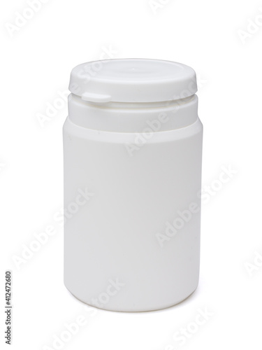 Closed lid medical plastic bottle on white background with shadow