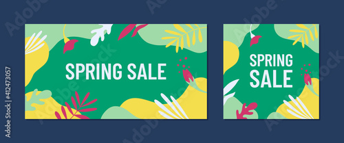 Spring sale concept. Web banners templates with floral elements and abstract shapes in bright colors.
