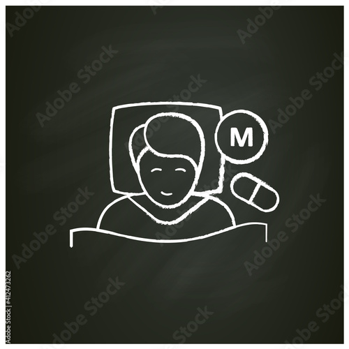 Melatonin supplements chalk icon. Insomnia hormonal treatment. Sleep disorder. Healthy sleeping concept. Sleep problems treatment medicines. Health care. Isolated vector illustration on chalkboard