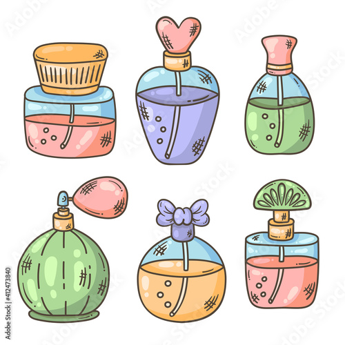 Parfum bootles doodle icons colorful vector set
