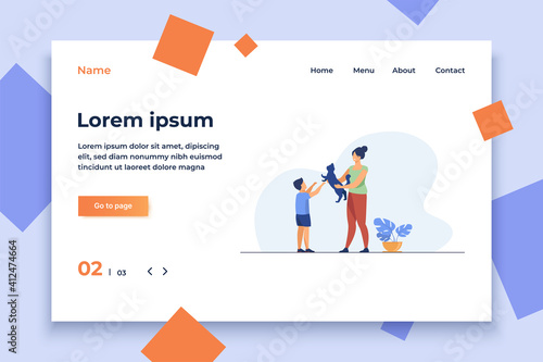 Mom and son adopting pet. Mother giving cat to kid flat vector illustration. Animals care, pet adoption concept for banner, website design or landing web page