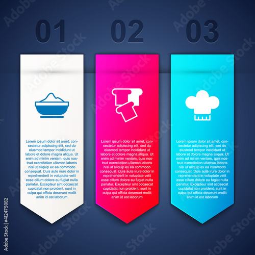 Set Flour bowl, Bread toast and Chef hat. Business infographic template. Vector.