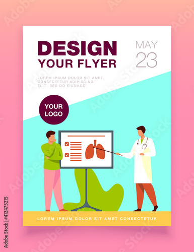 Doctor telling about lungs to patient. Lecture, disease, respiration flat vector illustration. Medicine and healthcare concept for banner, website design or landing web page