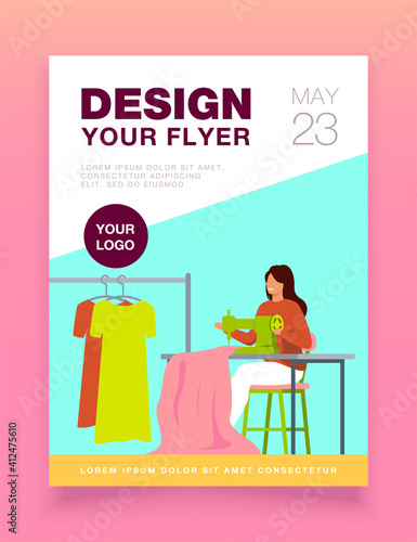 Woman sewing new dress on stitching machine. Seamstress, cloth, apparel flat vector illustration. Fashion and craftwork concept for banner, website design or landing web page