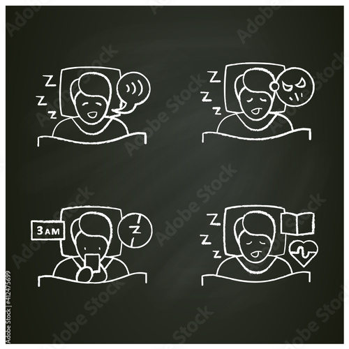  Sleep disorder chalk icons set. Healthy sleeping concept. Different types of sleep disorders. Falling asleep trouble. Stress. Health care. Isolated vector illustrations on chalkboard