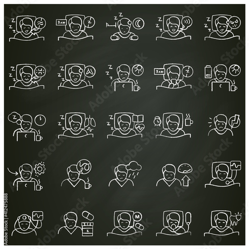  Sleep disorder chalk icons set. Healthy sleeping concept. Different types of sleep disorders. Falling asleep trouble. Stress. Health care. Isolated vector illustrations on chalkboard