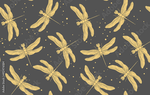 Grey and yellow dragonfly seamless pattern. Vintage retro illustration. EPS 10. Hand drawn vector illustration. Pastel tones. Pajama pattern design.