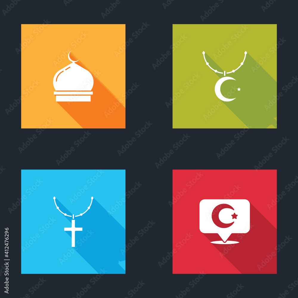 Set Muslim Mosque, Star and crescent on chain, Christian cross and icon. Vector. Set Muslim Mosque, Star and crescent on chain, Christian cross and icon. Vector.