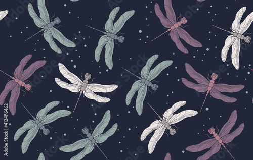 Purple green white blue dragonfly seamless pattern. Vintage retro illustration. Hand drawn vector illustration. Pattern in pastel tones. Pajama pattern design.