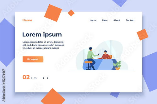 Journalist interviewing guy at desk. Microphone, discussion, speech flat vector illustration. Social media and communication concept for banner, website design or landing web page