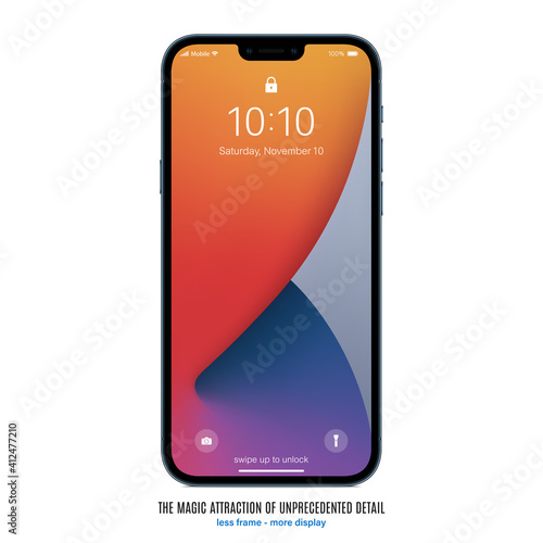 smartphone frameless blue color with colorful screen saver front view isolated on white background. mockup of realistic and detailed new mobile phone with shadow. stock vector illustration photo