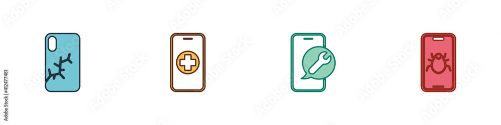 Set Mobile with broken screen, Phone repair service, and System bug mobile icon. Vector. Set Mobile with broken screen, Phone repair service, and System bug mobile icon. Vector.