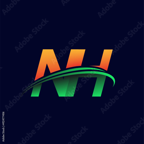 initial logo NH company name colored orange and green swoosh design, isolated on dark background. vector logo for business and company identity.