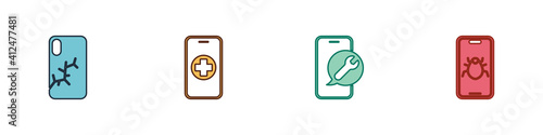 Set Mobile with broken screen, Phone repair service, and System bug mobile icon. Vector.