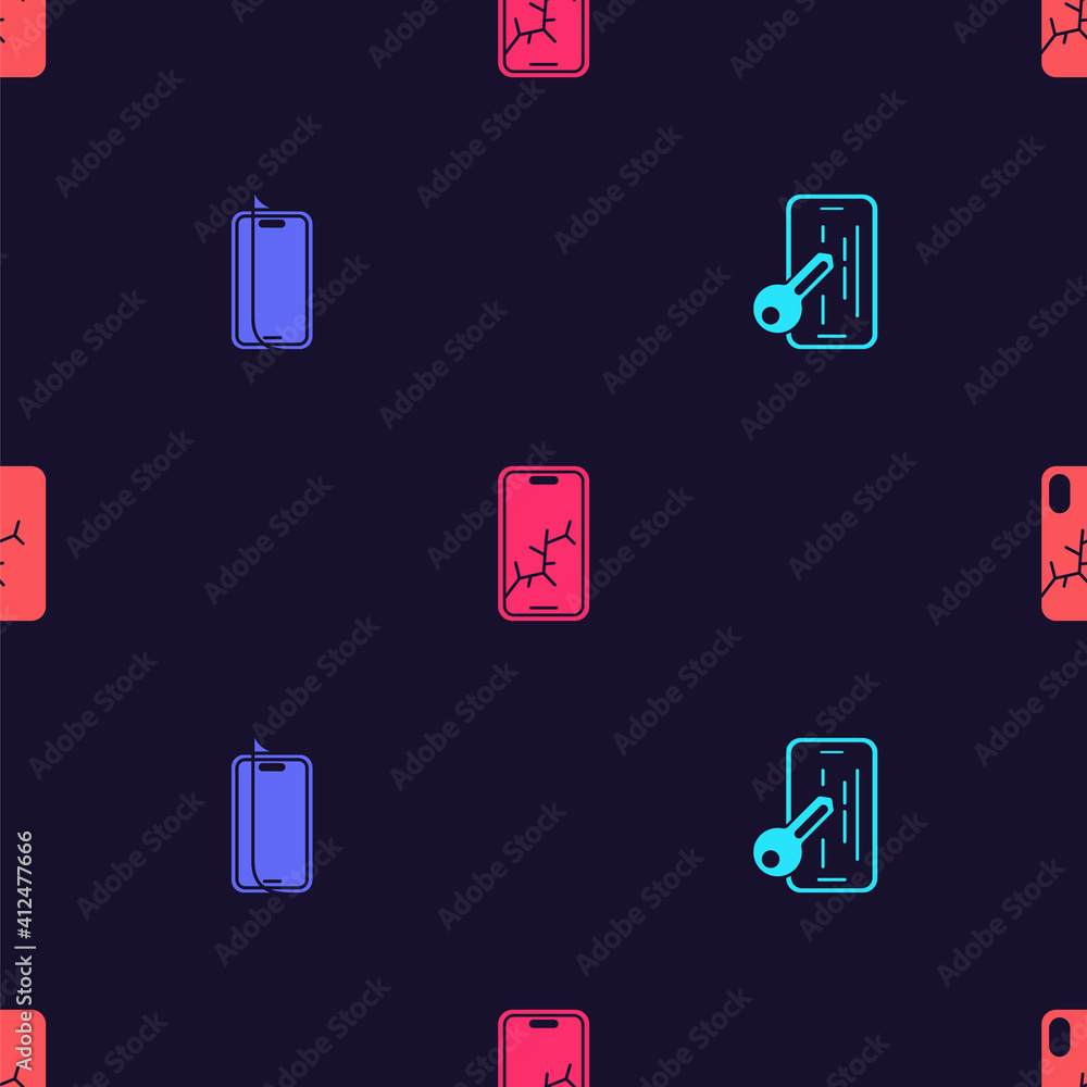 Set Glass screen protector, , Mobile with broken and on seamless pattern. Vector. Set Glass screen protector, , Mobile with broken and on seamless pattern. Vector.