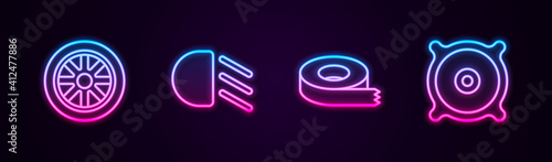 Set line Car wheel, High beam, Scotch tape and audio speaker. Glowing neon icon. Vector.