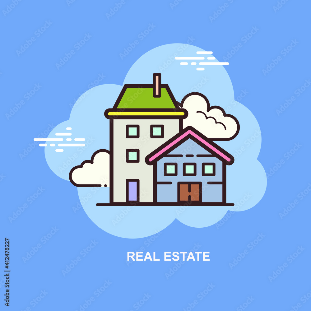 Real estate house buildings with cloud in blue sky flat concept design