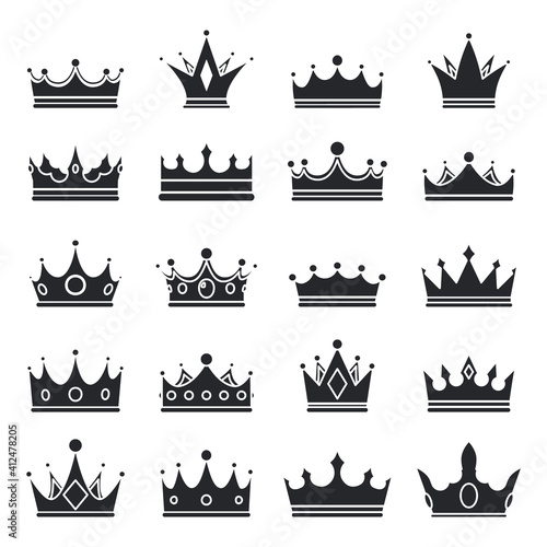 Medieval royal crown queen monarch king lord silhouette icons set isolated vector illustration