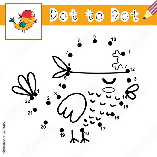 Connect the dots and draw a cute bird pirate. Dot to dot game. Educational page for kids. Vector illustration