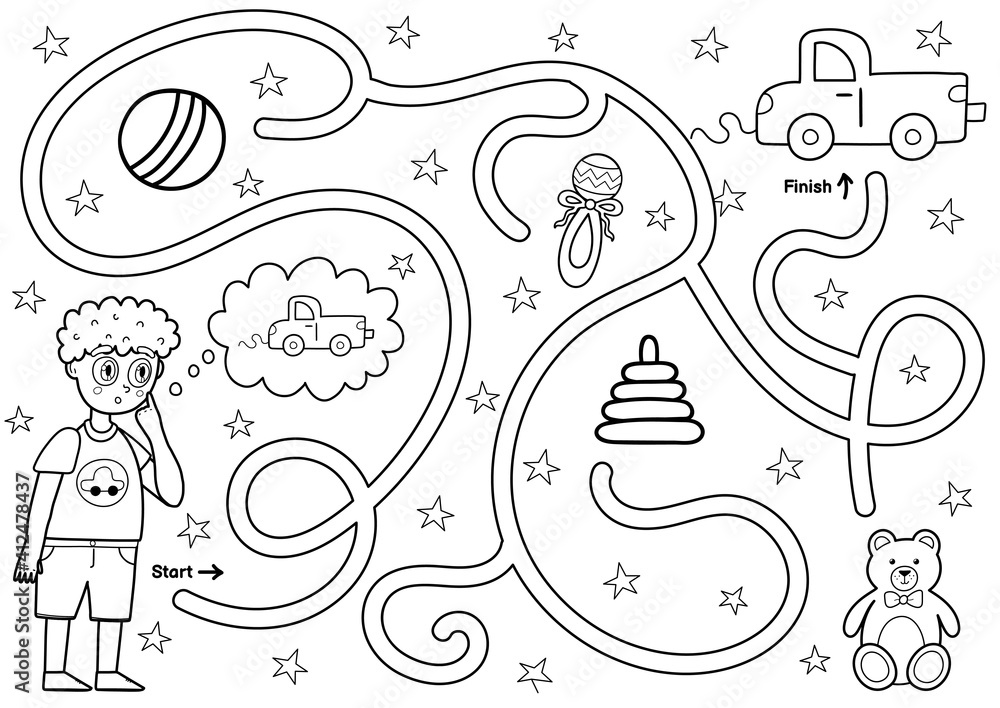 Black and white maze game for kids. Help little boy find the way to toy car. Printable labyrinth activity for children. Vector illustration Black and white maze game for kids. Help little boy find the way to toy car. Printable labyrinth activity for children. Vector illustration