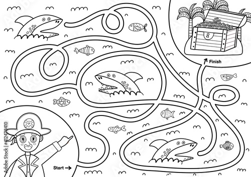 Black and white maze game for kids. Help the pirate find the way to the treasure. Printable labyrinth activity for children. Vector illustration