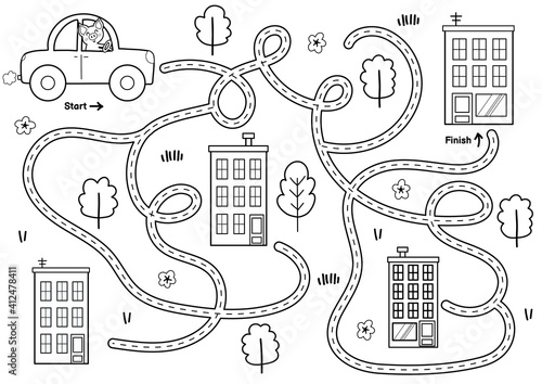 Black and white maze game for kids. Help cute pig find the way to the home. Printable labyrinth activity for children with driving car. Vector illustration