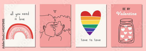 Set of Valentine's Day greeting cards with lgbt elements in modern, trendy colors, vector illustration.