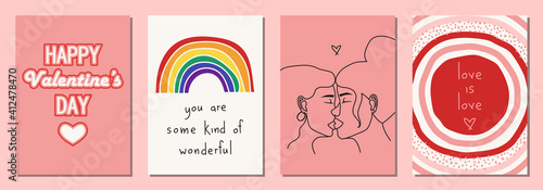 Set of Valentine's Day greeting cards with lgbt elements in modern, trendy colors, vector illustration.