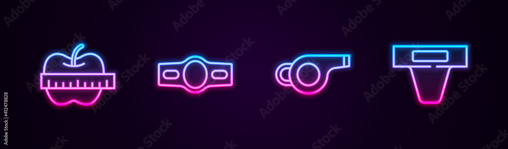 Set line Apple and measuring tape, Boxing belt, Whistle and Groin guard. Glowing neon icon. Vector. Set line Apple and measuring tape, Boxing belt, Whistle and Groin guard. Glowing neon icon. Vector.