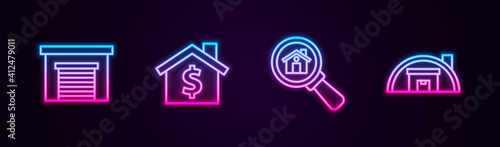 Set line Garage, House with dollar symbol, Search house and Warehouse. Glowing neon icon. Vector.