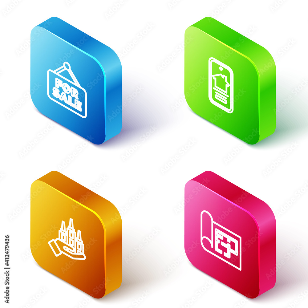 Set Isometric line Hanging sign with For Sale, Online real estate house, Skyscraper and House plan icon. Vector. Set Isometric line Hanging sign with For Sale, Online real estate house, Skyscraper and House plan icon. Vector.