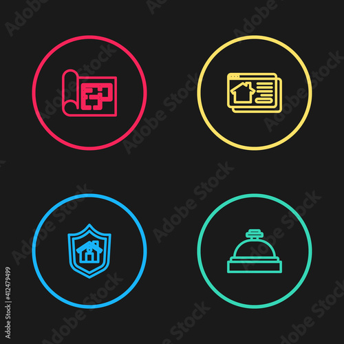 Set line House with shield, Hotel service bell, Online real estate house and plan icon. Vector.