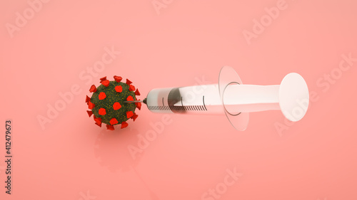 disposable syringe injects a stylized model of a virus. coronavirus vaccination concept. 3d render illustration photo