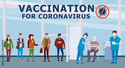 Vaccination people for COVID-19. Immunity health doctor and nurse makes injection of coronavirus in hospital. Patients womans and mans waiting in hall