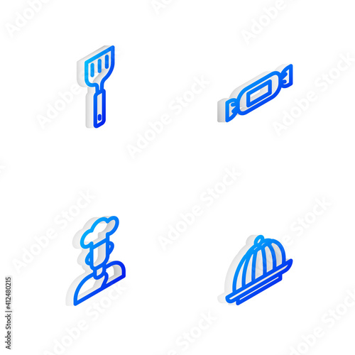 Set Isometric line Candy, Spatula, Cook and Pudding custard icon. Vector.