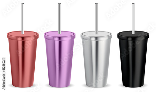 Tumbler mockup. Coffee glass, stainles steel thermo cup with lid and tube. Black metal mug template blank, thermal flask. Metal shaker design, reusable mixer blank. Insulated aluminum cup