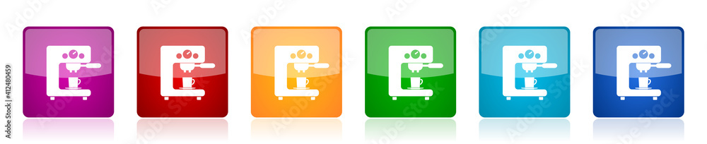 Coffee machine icon set, square glossy vector buttons in 6 colors options for webdesign and mobile applications