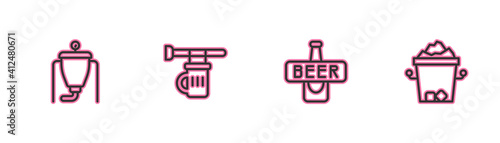 Set line Beer brewing process, bottle, Signboard with glass of beer and Ice bucket icon. Vector.