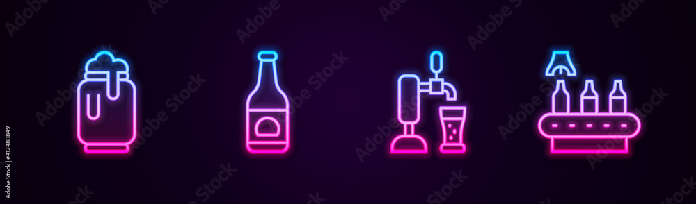 Set line Beer can with foam, bottle, tap glass and Conveyor band, beer. Glowing neon icon. Vector. Set line Beer can with foam, bottle, tap glass and Conveyor band, beer. Glowing neon icon. Vector.