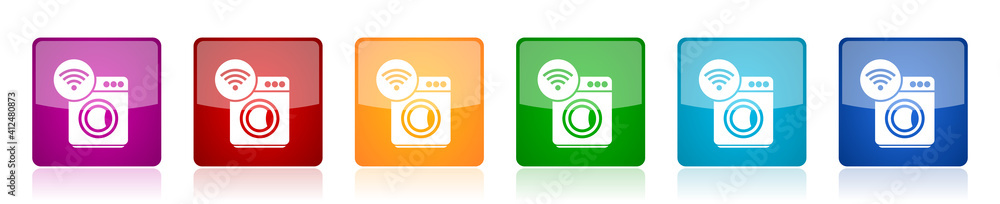 Washing machine, internet, wifi icon set, square glossy vector buttons in 6 colors options for webdesign and mobile applications Washing machine, internet, wifi icon set, square glossy vector buttons in 6 colors options for webdesign and mobile applications