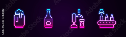 Set line Beer can with foam, bottle, tap glass and Conveyor band, beer. Glowing neon icon. Vector.