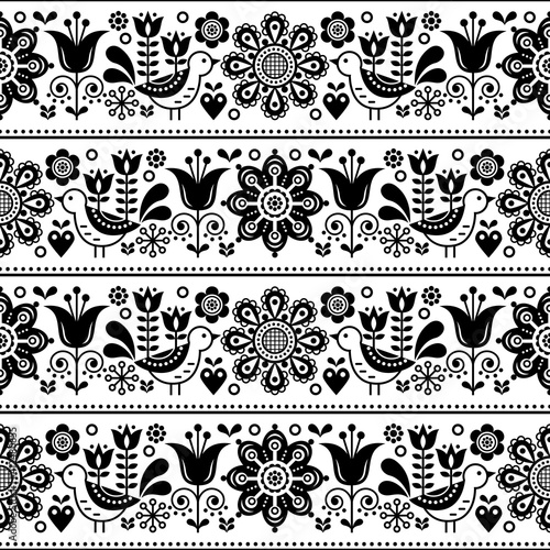 Scandinavian folk art seamless vector design with flowers and birds, cute repetitive white and black pattern
  