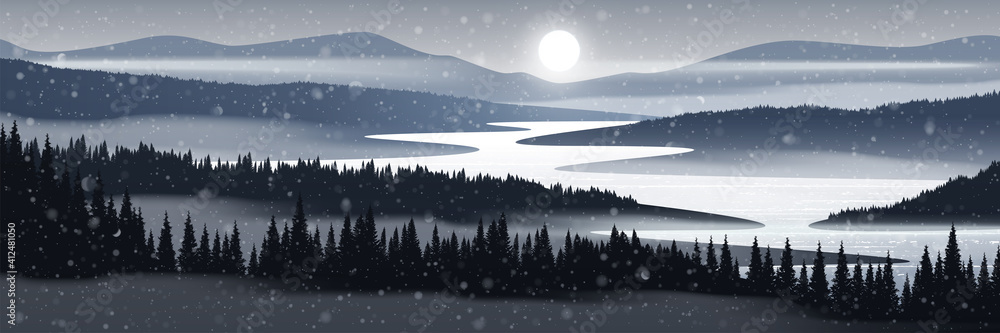 Obraz premium Panoramic mountain landscape. Blizzard in the mountains. 