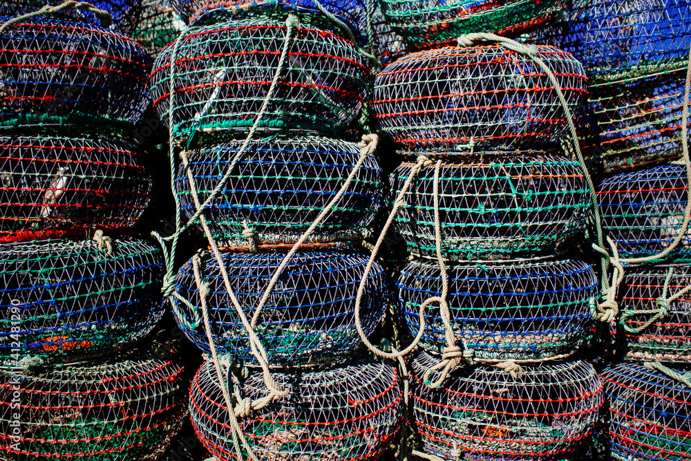 stack of crab fishing baskets