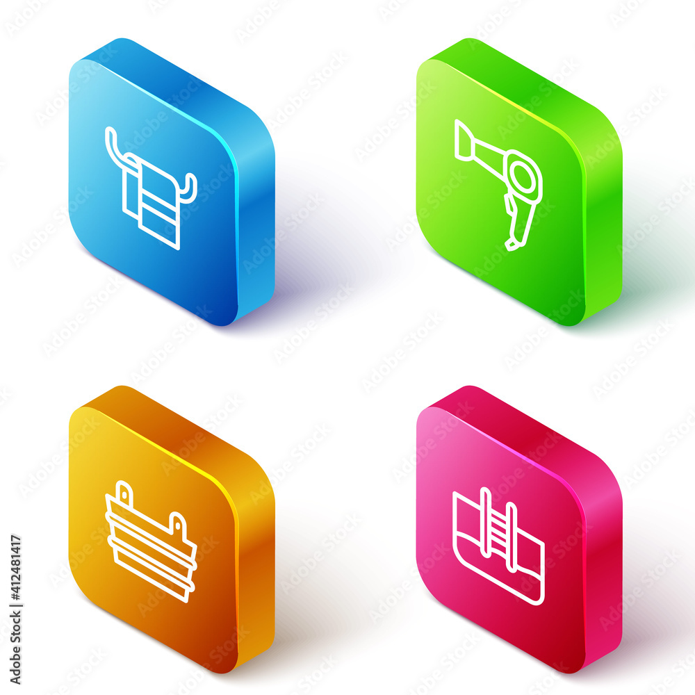 Set Isometric line Towel on a hanger, Hair dryer, Sauna bucket and Swimming pool with ladder icon. Vector. Set Isometric line Towel on a hanger, Hair dryer, Sauna bucket and Swimming pool with ladder icon. Vector.