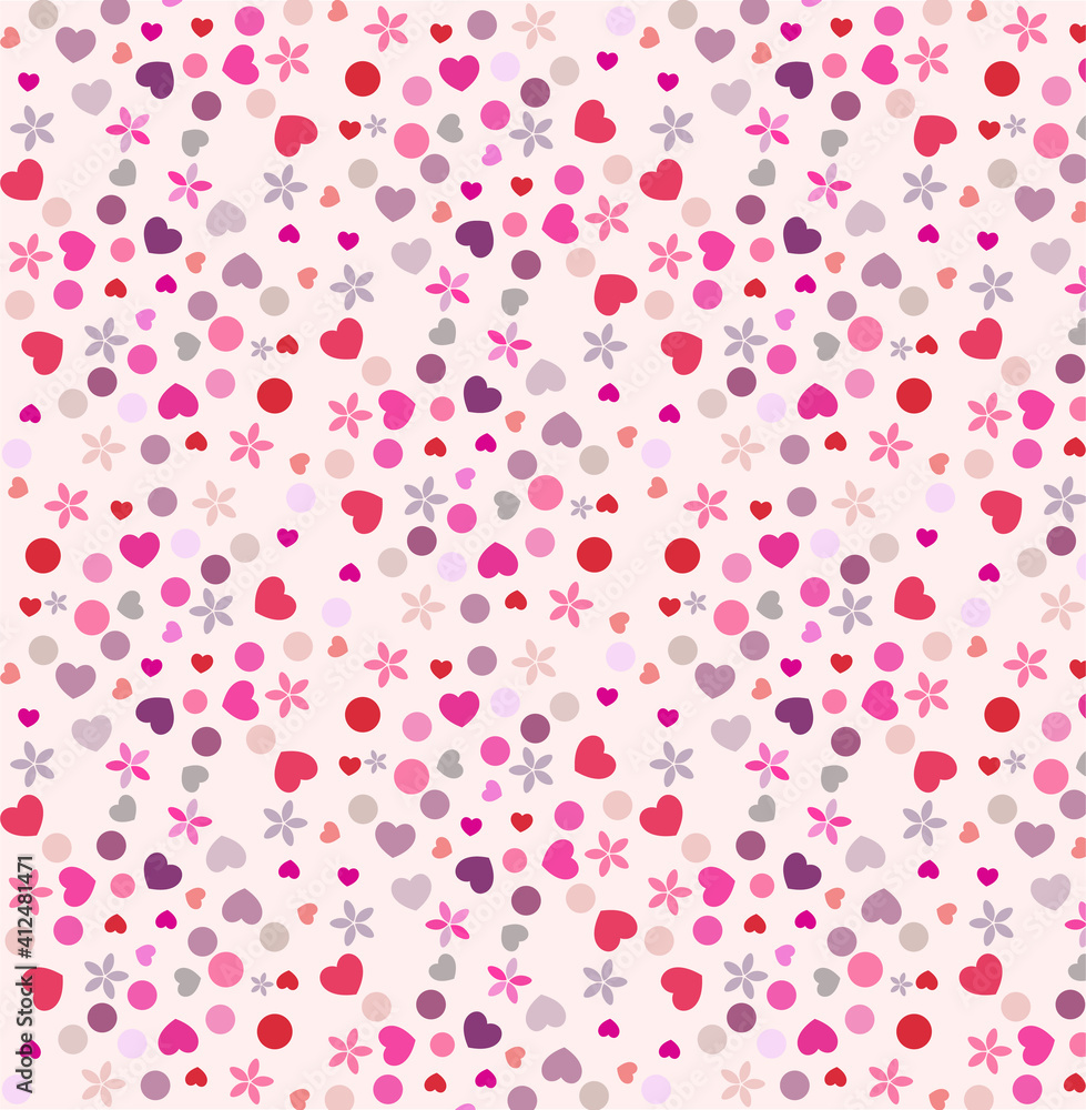 Hearts flowers and dots seamless pattern in pastel colours